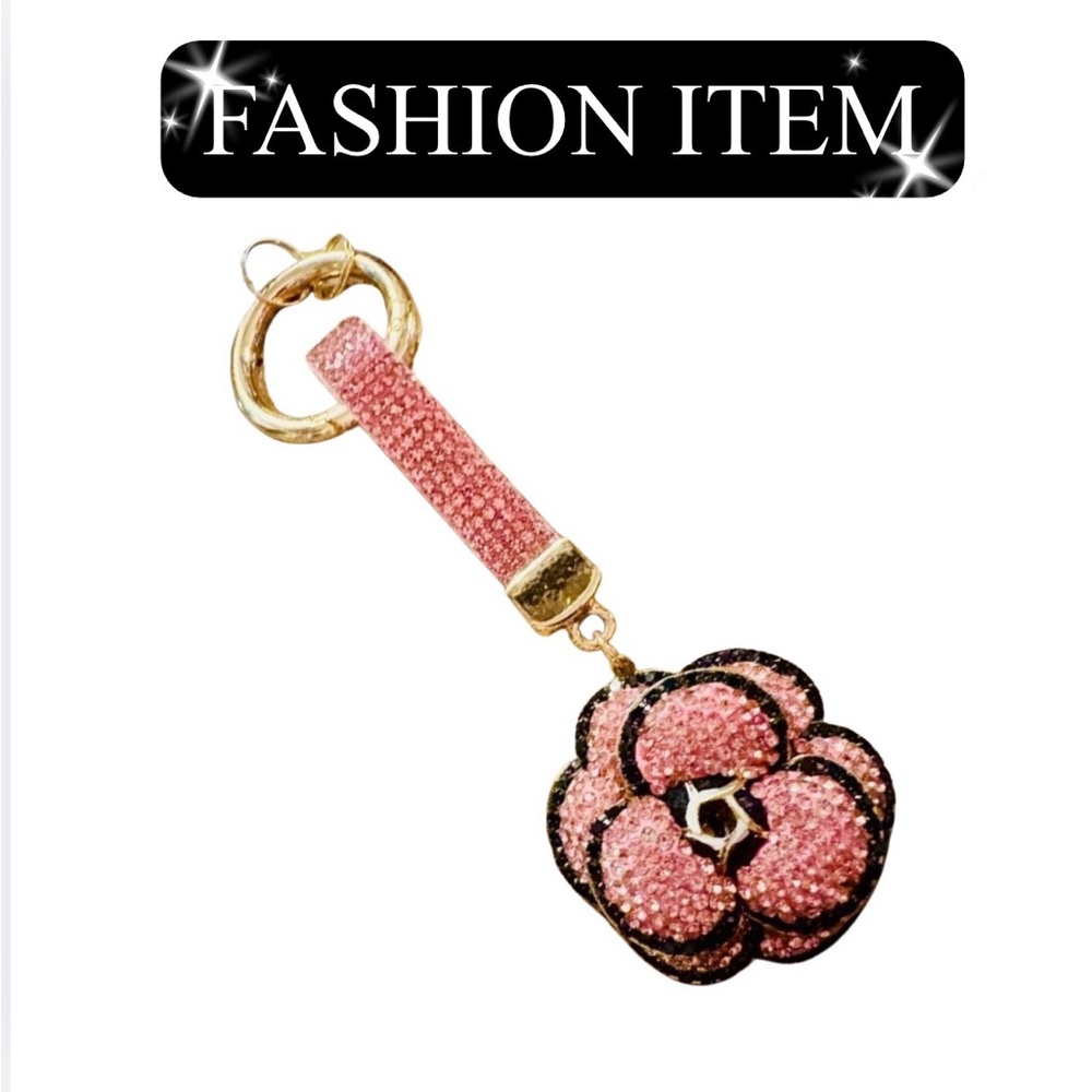 A-1DC-35: BAG CHARM/KEYCHAIN: Pink, Black, and Gold Flower, NWOT
